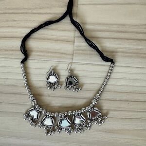 Sterling Silver-Tone Mirror Pendant Necklace & Earring Set - Black Cord